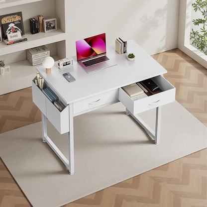 DUMOS 32" Home Office Computer Desk with Drawers, Small Gaming Writing Study Table with Storage Side Bag, Headphone Hook and Adjustable Feet for Bedroom White | Home Office Desk for Bedroom, Gaming Writing Study Desk with Adjustable Feet