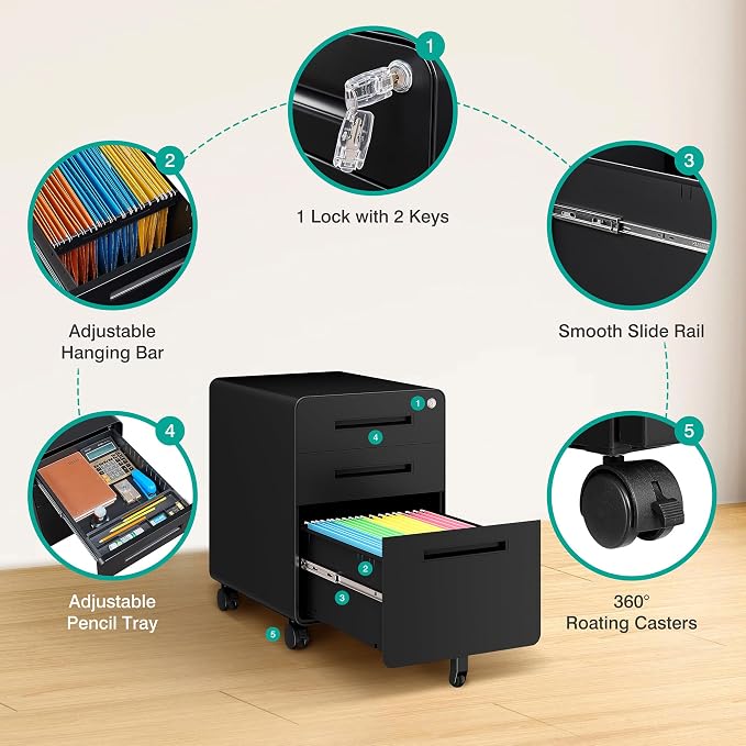 SISESOL 3 Drawer File Cabinet with Lock,Rolling File Cabinets,Under Desk File Cabinet,Three Drawer Filing Cabinet for Home Office with Wheels,Fit A4/Letter/Legal File,Fully Assembled Except Casters