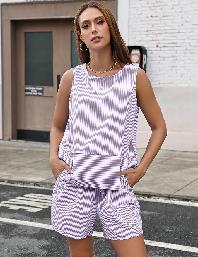 LOMON Women's Trendy 2 Piece Outfits Shorts Sets Summer Crew Neck Sleeveless Tank Top and Bottom Matching with Pockets 2026