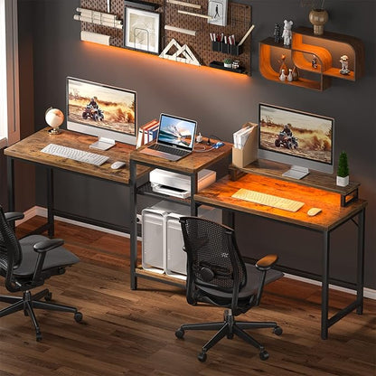 Unikito Double Computer Desk with LED Strip and Power Outlet, 2 Person Desk with Monitor Stand and Storage, Ergonomic Computer Desk with Printer Stand for Home Office, Long Gaming desk, Rustic Brown