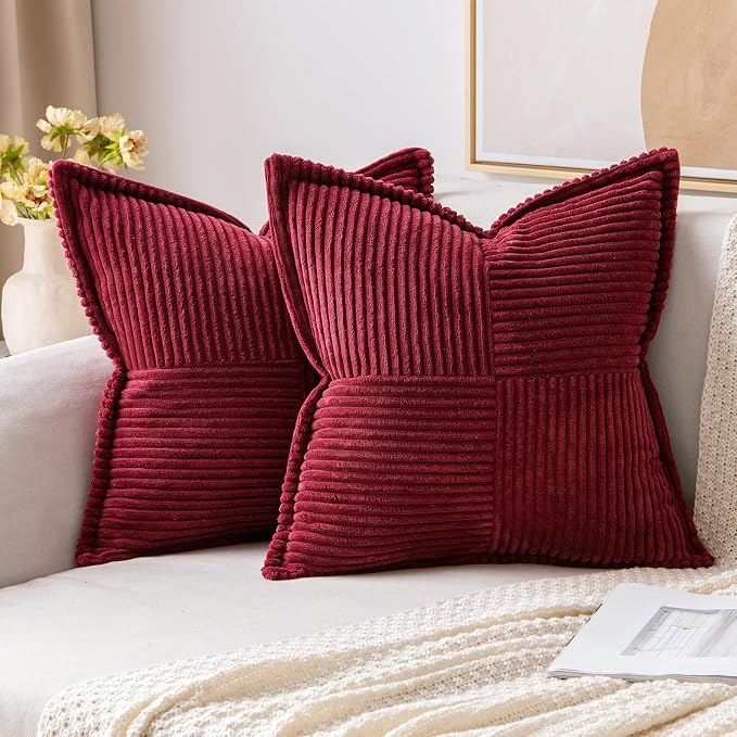 MIULEE Decorative Throw Pillow Covers for Couch Bed Livingroom 18x18 Inch Set of 2 Burgundy Boho Accent Throw Pllows Broadside Striped Patchwork Soft Corduroy Pillowcases