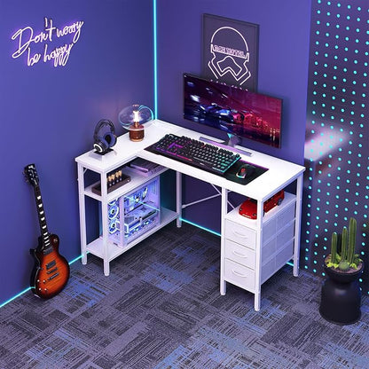 DUMOS L Shaped Desk with Drawers, Gaming Desk, 47 Inch | Power Outlet, Study Table, Adjustable Shelves, Home Office, Corner Computer Workstation, Bedroom, White