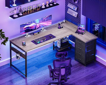 AODK 61" L Shaped Gaming Desk with 4 Drawers and Power Outlets, Grey | USB Ports, PC Tower Stand, Hooks, Reversible Corner Layout for Gaming Rooms, Bedrooms and Home Office