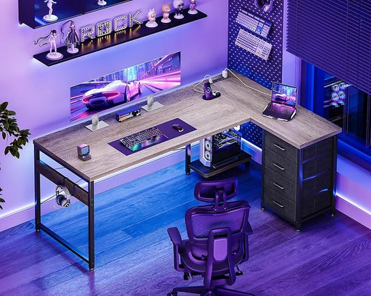 AODK 61" L Shaped Gaming Desk with 4 Drawers and Power Outlets, Grey | USB Ports, PC Tower Stand, Hooks, Reversible Corner Layout for Gaming Rooms, Bedrooms and Home Office