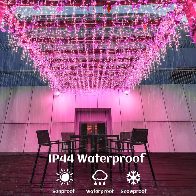 66ft Icicle Lights for Outside, Pink Christmas Lights Outdoor Waterproof for House, 640 LED Twinkle Tree Light with 120 Drops Clear Wire Short Curtain Light for Room Home Wall Indoor Decorations