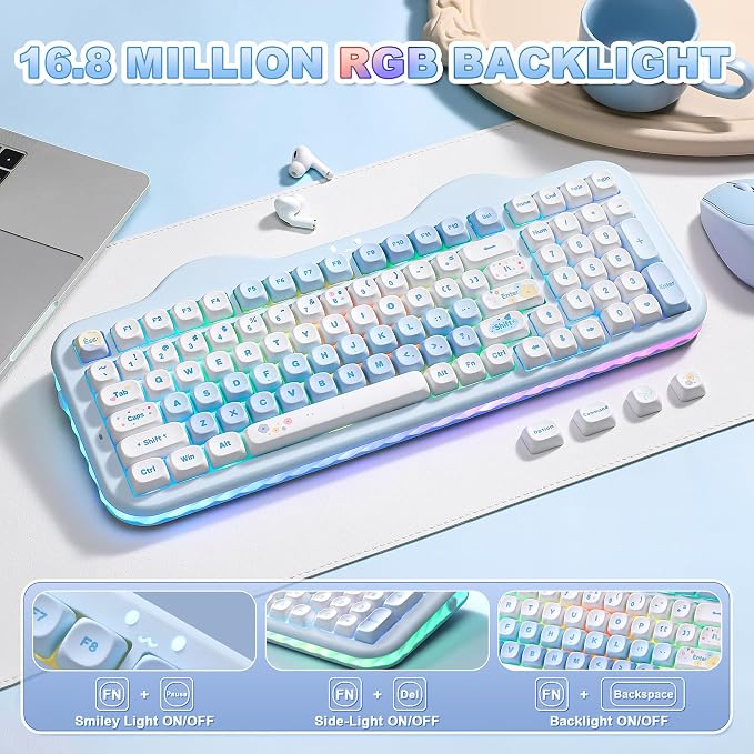 YUNZII C98 Cute Cake Wireless Mechanical Keyboard(Blue, Candy Switch) | 99 Keys with Number Pad, Hot Swap, PBT MOA Keycaps, BT5.0/2.4G/USB-C, Gasket Mount, Custom RGB Backlit for Win/Mac