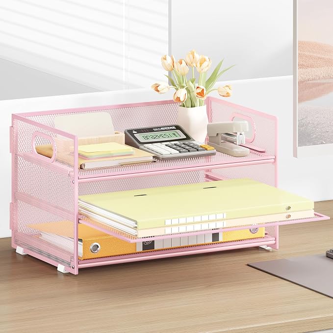Subekyu 3 Tier Paper Letter Tray Organizer for Desk, Pink Metal Mesh File Folder Sorter Organizer with Handle and 1 PC Sliding Tray for Home Office School Desk Supplies Organization Storage