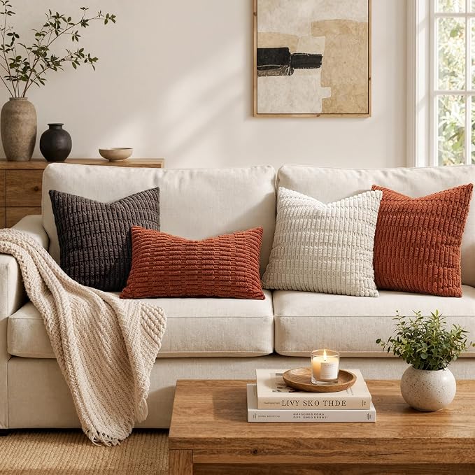 MIULEE Fall Pack of 2 Corduroy Decorative Throw Pillow Covers 18x18 Inch Soft Boho Striped Pillow Covers Modern Farmhouse Home Decor for Sofa Living Room Couch Bed Rust