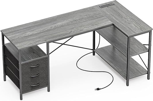 Huuger L Shaped Office Desk with Power Outlets, 55 Inch Computer Desk with 3 Drawers, Shelves, Reverisble for Gaming Corner Work Home Office Study, Grey