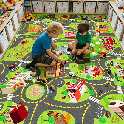 Kids Car Rug Play Mat with 12 Toy Vehicle Set, Kid Road Playmat Rug for Toy Cars, Cars Play Rugs Town City Map Carpet, Car Track Rugs for Kids Boys Playroom Bedroom (60"X36", City Map+Vehicle)