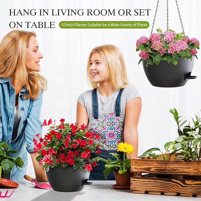 10 Inch Hanging Baskets 2 PC with Chains, Self-Watering Hanging Planters for Indoor Outdoor Plants, Plastic Hanging Flower Pots,Black