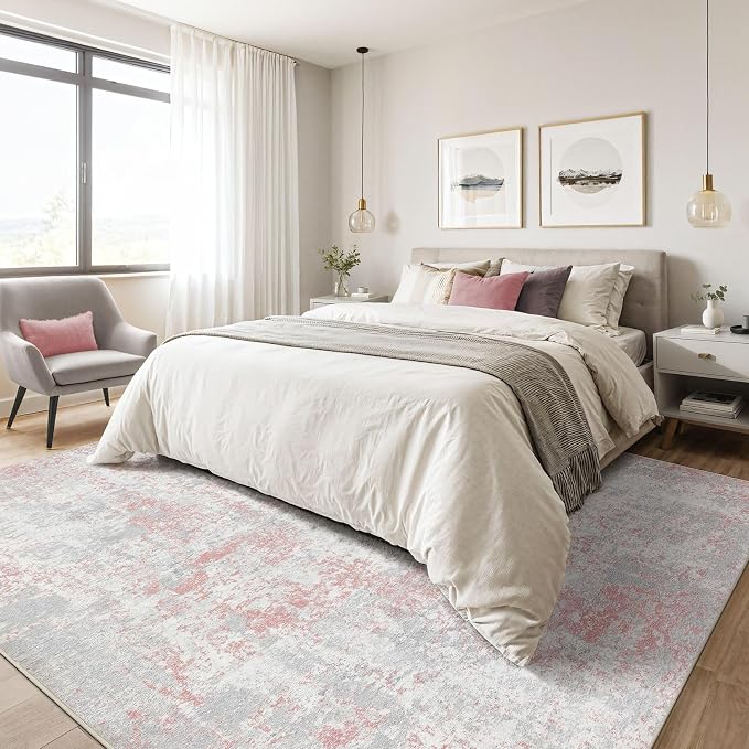 Pink Rug 5x7 Living Room: Washable Large Abstract Neutral Modern Soft Rug Stain Resistant Indoor Floor Non-Slip Accent Carpet for Girl Bedroom Nursery Playroom Office Dining Room Home