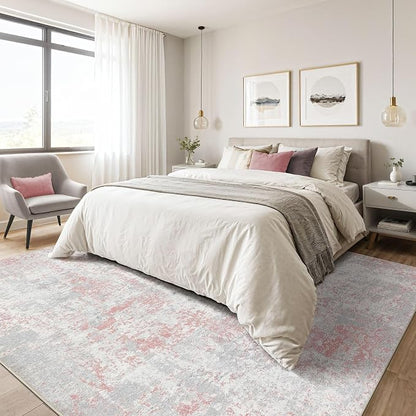 Pink Rug 5x7 Living Room: Washable Large Abstract Neutral Modern Soft Rug Stain Resistant Indoor Floor Non-Slip Accent Carpet for Girl Bedroom Nursery Playroom Office Dining Room Home