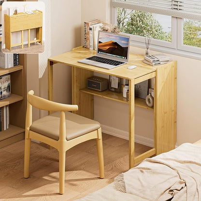 Bamboo Folding Desk for Small Spaces, Small Computer Foldable Desk, Natural | Space Saving Desk for Bedroom Home Office, Mid Century Sofa Table for Couch, Writing Work Office Desk