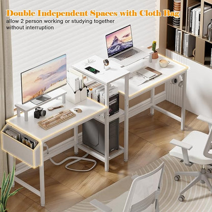 Furologee 2 Person Gaming Desk with LED Lights, 71 Inch Computer Desk with Power Outlets and Monitor Stand, Double Desk with Storage Bag and Headphone Hooks, Study Writing Table for Home Office, White