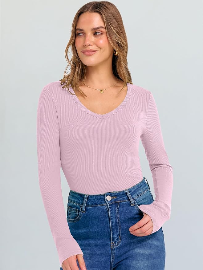 ANRABESS Long Sleeve V Neck Shirts for Women | Soft Comfy Ribbed Knit Fitted Tshirts, Casual Going Out Tops, 2026 Trendy Basic, Fall Winter Underscrub Layering Clothes