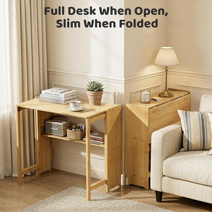Bamboo Folding Desk for Small Spaces, Small Computer Foldable Desk, Natural | Space Saving Desk for Bedroom Home Office, Mid Century Sofa Table for Couch, Writing Work Office Desk