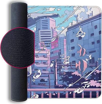 Japanese Fantasy City Boy Mouse Pad Desk Pad,Cute Kawaii Anime Mousepad,Large Extended Gaming Mouse Mat with Stitched Edges Non-Slip Waterproof Rubber Base Mous Mat for Desk Pad(27.5X11.8 in)