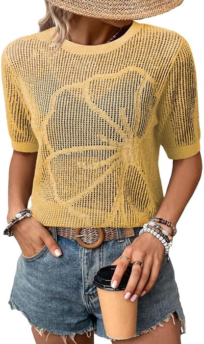 Dokotoo Womens Summer Short Sleeve Crochet Tops Hollow Out Floral Sweaters Beach Vacation Cruise Outfits