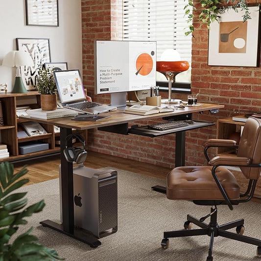 Height Adjustable Desk with Keyboard Tray, 55 x 24 Inches Electric Standing Desk, Stand up Computer Table with Memory Preset, Rustic Brown, Splice Board