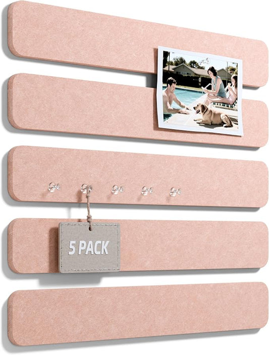 Fluxynara 13" x 2" Felt Wall Panels, Pink | 5-Pack Cork Board Alternative with 35 Push Pins, Adhesive Mounting for Bedroom Door or Home Office