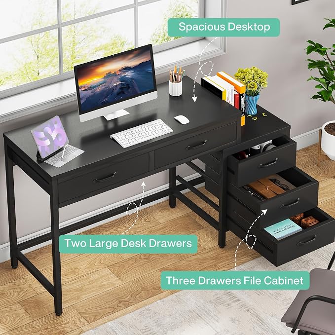 Tribesigns Computer Desk with 5 Drawers, Reversible Home Office Desks | Small Desk with Drawer Cabinet Printer Stand, PC Desk with Storage, Black Study Writing Table Workstation for Small Spaces