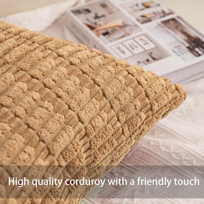 Aegero Pack of 2 Corduroy Decorative Throw Pillow Covers 20x20 InchSoft Striped Pillow Covers Modern Farmhouse Home Decor for Sofa Living Room Couch Bed（Coffee）
