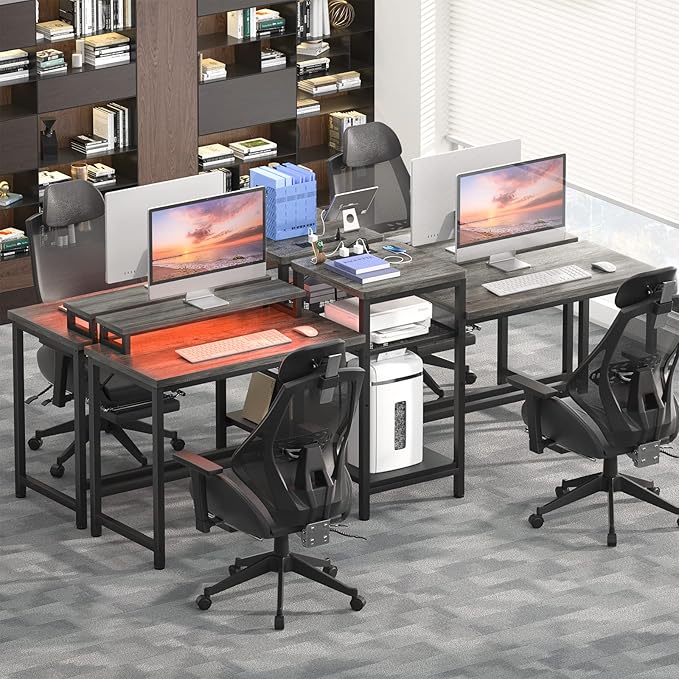 Unikito Two Person Desk with LED Light and Power Outlet, Double Computer Desks with Monitor Stand and Printer Stand, Double Gaming Computer Desk, Long Gaming Desk, Home Office Work Desk, Black Oak