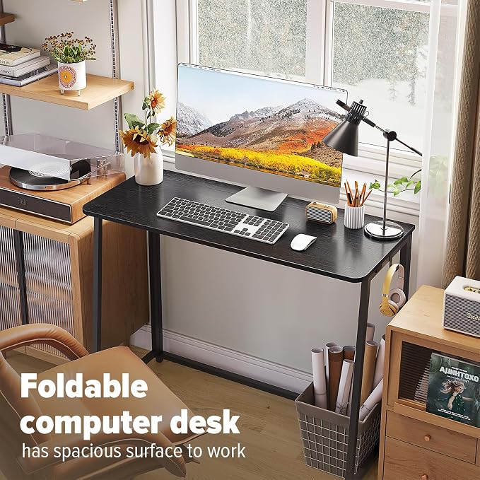 WOHOMO Folding Desk, 39.4" Foldable Computer Table for Small Spaces, Black | Easy Assembly and Fold, Sturdy Home office desks for Study Bedroom Dorm Space Saving Writing Work Apartment