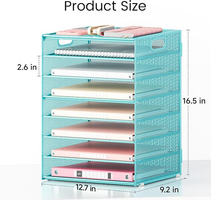 Lavatino 8-Tier Office Desk File Organizer, Letter Tray Paper Organizer with Handle, Including 5 Adjustable Slide Trays for Organizing Desktop Workspace Accessories and Supplies (Blue Metal Mesh)