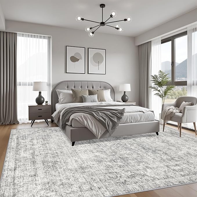 6x9 Area Rug Living Room Rug: Washable Modern Abstract Soft Thin Rug Indoor Floor No Slip Carpet for Bedroom Dining Room Farmhouse Nursery Home Office - Retro Black Grey