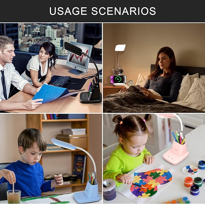 Desk Lamps for Home Office, LED Desk Lamp with Wireless Charger Pencil Holder, 3 Color Modes Dimming Desk Light for College Dorm Room, Girls Study Lamp with CRI 90+ 800 Lumen - Pink