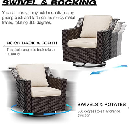 Joyside Wicker Patio Furniture Sets, 9 Pieces Upgraded Large Size Outdoor Furniture with 4 Swivel Rocking Patio Chairs, 3-Seat Sofa, Outdoor Ottoman, Thick Cushions, Wide Armrest, Beige