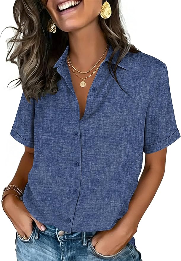 Zeagoo Button Down Shirts for Women Short Sleeve Collared Tops Dressy Casual V Neck Blouses