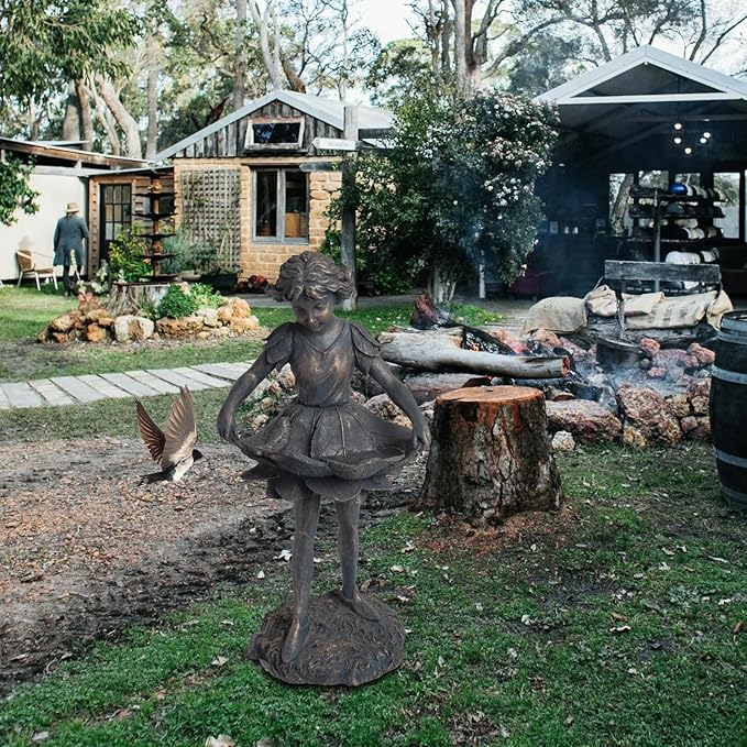 Outdoor Garden Statues - Bird Bath & Feeder Combo - Standing Angel Fairy Statues, 14.25*12.25*28.75 Inch