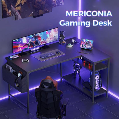 Mericonia 55 inch L Shaped Gaming Desk, Large Corner Desk with Shelves | Reversible Computer Desk with Power Outlets & Storage Bag, Office Table for Home Bedroom Study Work Writing
