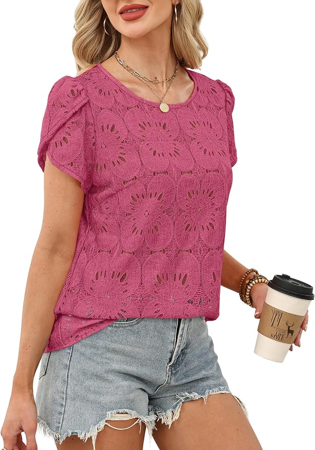 OFEEFAN Blouses for Women Dressy Casual Petal Short Sleeve Shirts Crochet Lace Boho Tops Spring Fashion Summer Outfits