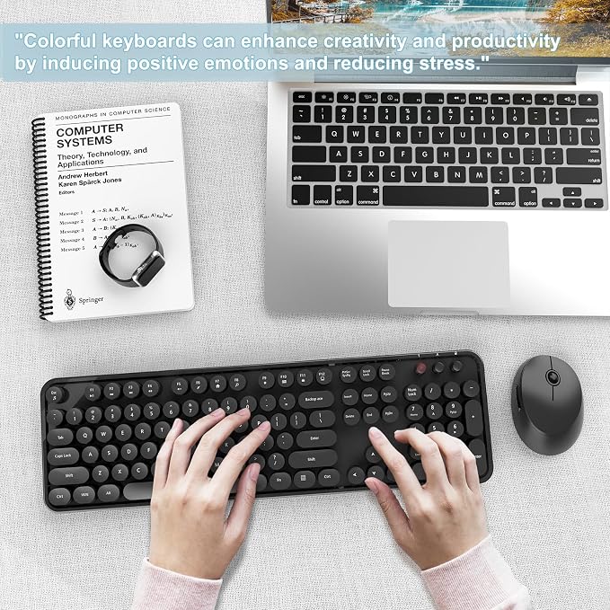 Wireless Keyboard and Mouse Combo, Ergonomic Full Size Typewriter Retro Round Keycaps Keyboard, Compatible with Windows, PC, Perfer for Home and Office Keyboards (Black