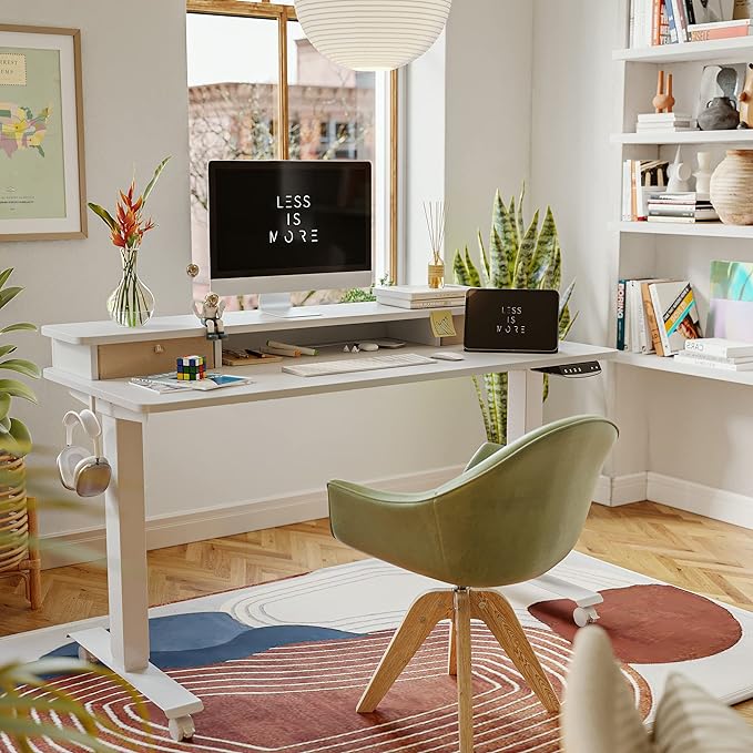 FEZIBO 55 x 24 Inch Height Adjustable Electric Standing Desk with Double Drawer, Stand Up Desk with Storage Shelf, Sit Stand Desk, White