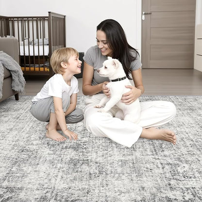 6x9 Area Rug Living Room Rug: Washable Modern Abstract Soft Thin Rug Indoor Floor No Slip Carpet for Bedroom Dining Room Farmhouse Nursery Home Office - Retro Black Grey