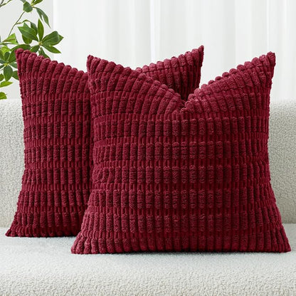 MIULEE Pack of 2 Burgundy Corduroy Decorative Pillow Covers 20x20 Inch Soft Boho Striped Throw Pillow Covers Modern Farmhouse Home Decor for Sofa Living Room Couch Bed