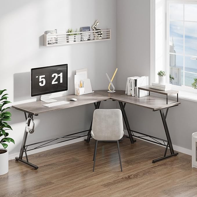 Casaottima Gaming Desk L Shaped Computer Desk, Corner Desk for Home Office with Monitor Stand 66", Gray Oak