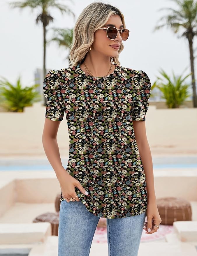 Ivicoer Puff Short Sleeve Shirt for Women Eyelet Tops Summer Crewneck Blouse Loose Fit S-XXL