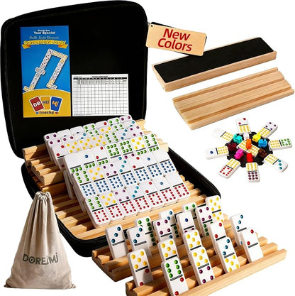 Doreimi Upgraded Mexican Train Dominoes Set with 8 Wooden Holders, Double 12 Dominos Set for Kids, Adults Travel Domino Train Set with 91 Tiles and Carry Case, Classic Board Games for Family Night