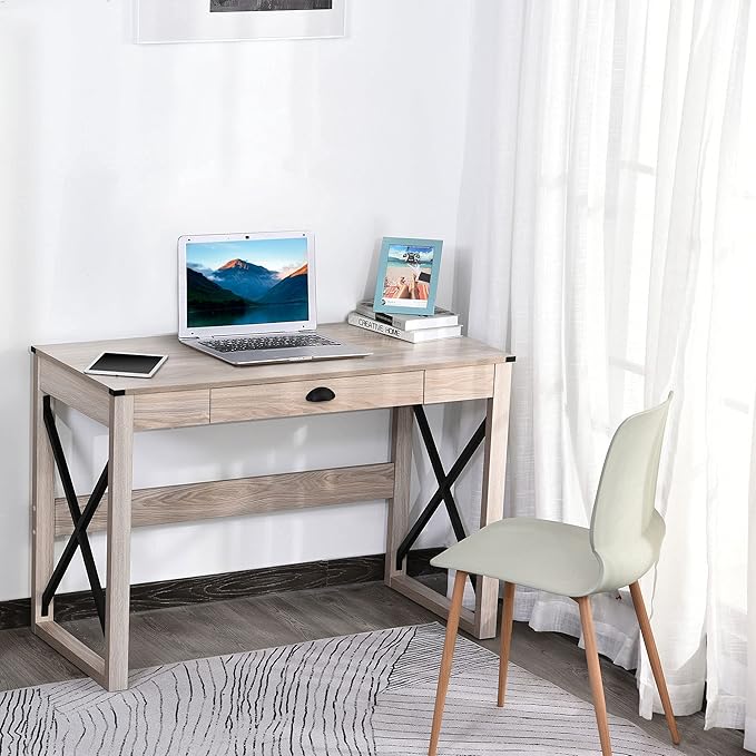 HOMCOM 44 inch Home Office Computer Desk, Rustic Writing Desk, Farmhouse Workstation with Storage Drawer, X-Frame