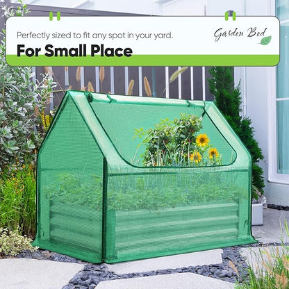 Quictent Raised Garden Bed with Cover Outdoor Galvanized Steel Planter Box Kit with Greenhouse Large Zipper Window Dual Use, 20pcs T-Type Tags & 1 Pair of Gloves Included 4x2.5x1 FT (Green)