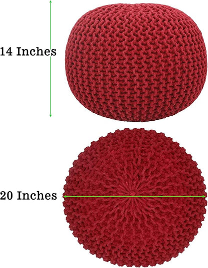 COTTON CRAFT - Hand Knitted Cable Style Dori Pouf - Red - Floor Ottoman - Cotton Braid Cord - Handmade & Hand Stitched - Truly one of a Kind Seating - 20 Dia x 14 High