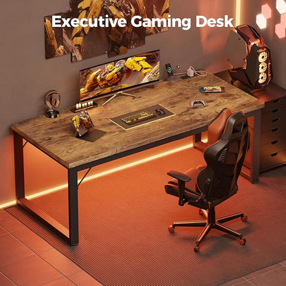 Mericonia 63 Inch Computer Desk with Power Outlets, 1.2" Thick Office Table | Modern Simple Style, Heavy Duty Industrial Frame, Large Study & Writing Table for Home Bedroom Work, Brown