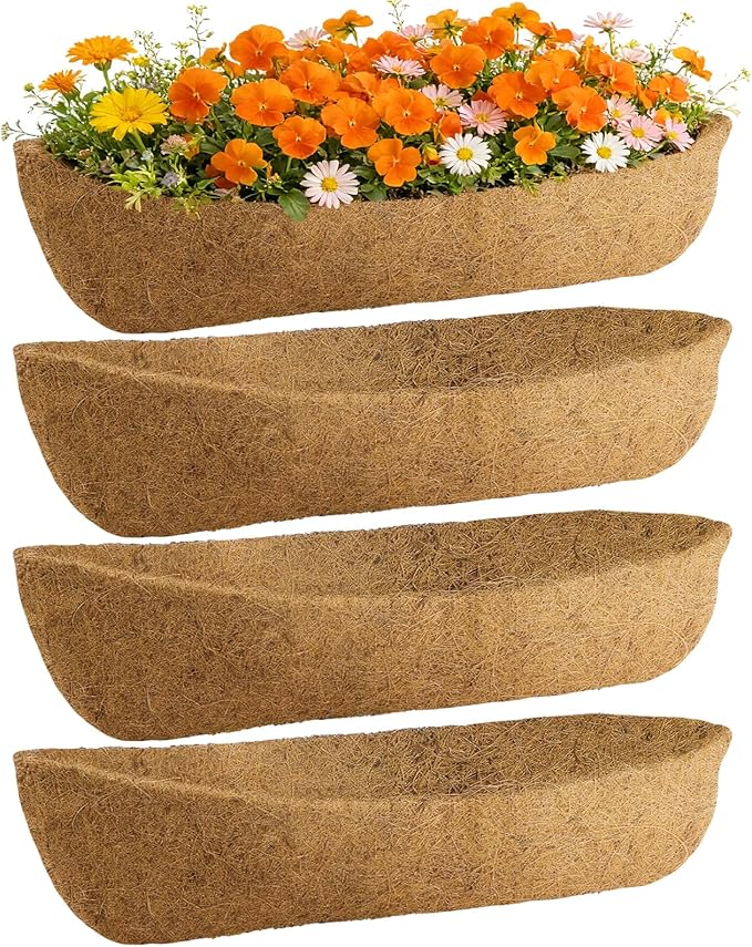 48in Arched Coco Liners for Window Planter Box - 4 Pack 100% Natural Coconut Coir Fiber Liner Replacement for Deck Flower Box, Garden Railing Fence Trough, Wall Planter Basket