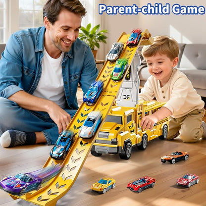 3-in-1 Kid Carrier Truck Toy Car Tracks for Toddlers 2-4 Years Old with 12 Racing Cars Toys, Foldable Chasing Race Track and Car Garage, Car Ramps Birthday Gift for Boys Girls 3-5 4-8(Yellow)